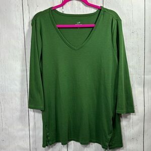 J Jill 100% Pima Cotton V Neck Green 3/4 Sleeve Casual Comfy Minimalist Tee